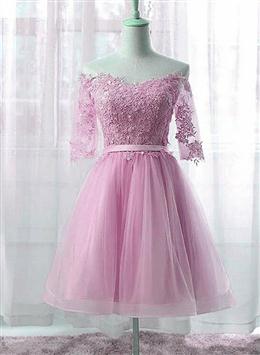 Picture of Cute Pink Knee Length Short Sleeves Party Dresses, Tulle Prom Dresses